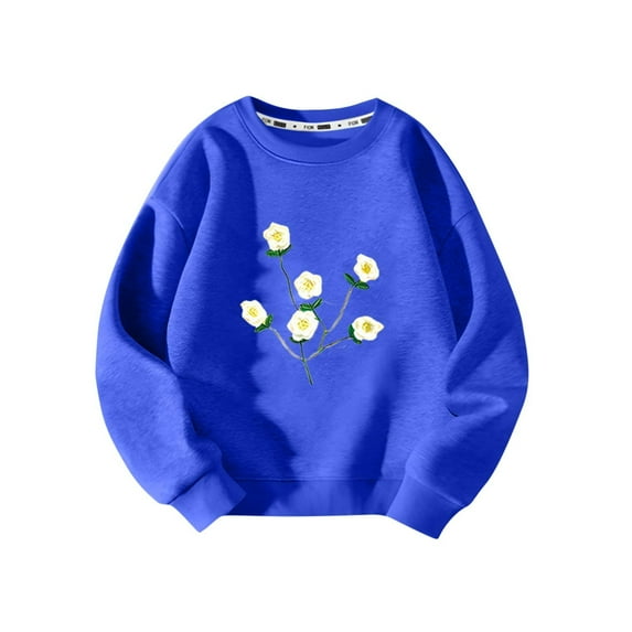 Odeerbi Kids Girls Fleece Crewneck Sweatshirts Winter Warm Pullover Sweatshirts Printed Fleece Winter Round Neck Long Sleeve Base Shirt Children Clothing Blue