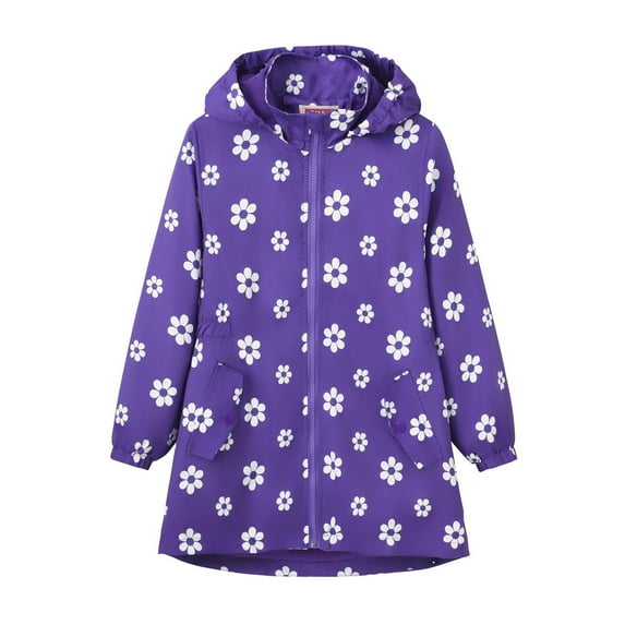 Odeerbi Kids Girls Fleece Lined Jacket Long Hooded Coat Winter Thermal Outerwear Casual Flower Print Velvet Jacket Long Sleeve Mock Neck Jacket with Pocket Purple