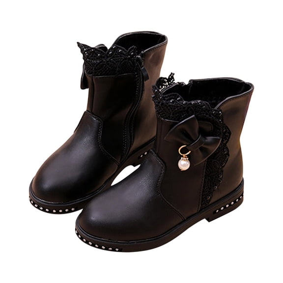 Odeerbi Kids Girls Fleece Lined Leather Short Boots Fall Princess Soft Sole Shoes Middle School Students Black Performance Shoes Black 11 Years