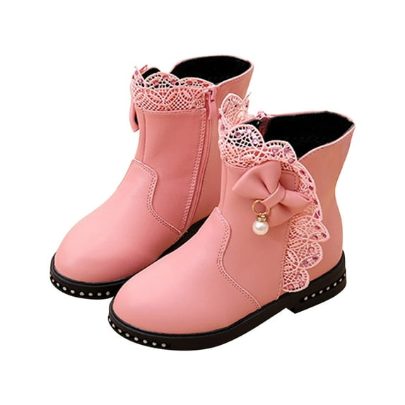 Odeerbi Kids Girls Fleece Lined Leather Short Boots Fall Princess Soft Sole Shoes Middle School Students Black Performance Shoes Pink 7-8 Years