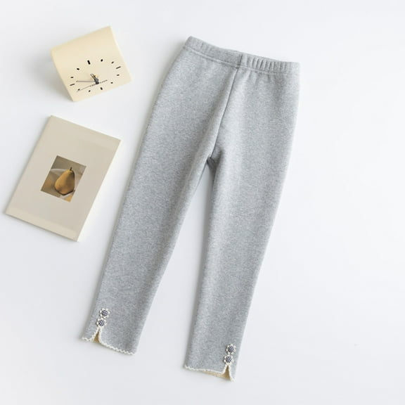 Odeerbi Kids Girls Fleece Lined Leggings Winter Warm Fleece Leggings Elastic Cotton Pants Gray 7-8 Years