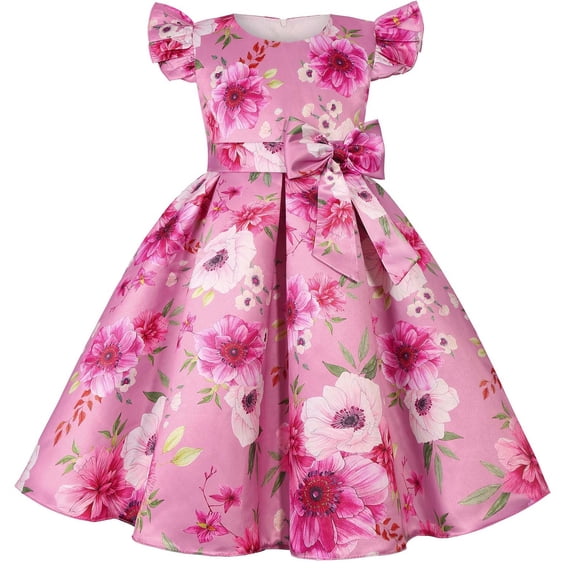 Odeerbi Kids Girls Floral Evening Dress Bow Ruffle Cap Sleeve Gowns Childrens Printed Formal Dresses Party Birthday Princess Dress Kids Clothes Hot Pink