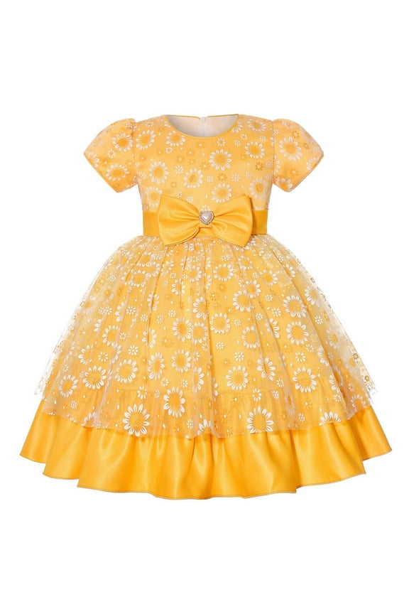 Kids Girls Floral Evening Dress Bow Tulle Ruffle Gowns Childrens Printed Formal Dresses Party Birthday Princess Dress Kids Clothes Yellow