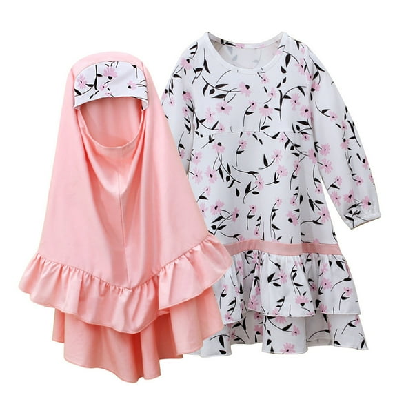 Odeerbi Kids Girls Floral Muslim Dress with Ruffle Hijab One-Piece Islamic Prayer Dress Long Sleeve Round Neck Cotton Dress Set Kids Girls Clothes