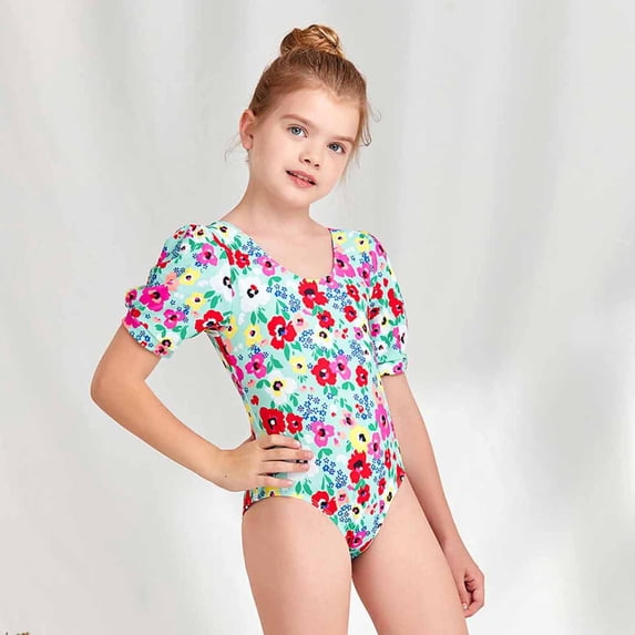 Odeerbi Kids Girls Floral One-piece Swimsuit Baby Surfing Swimsuit Children's Flower Print Short Sleeve Swimwear Bathing Suit Swimming Suit 11-12 Years