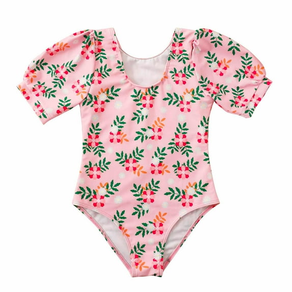 Odeerbi Kids Girls Floral One-piece Swimsuit Baby Surfing Swimsuit Children's Flower Print Short Sleeve Swimwear Bathing Suit Swimming Suit Pink 11-12 Years