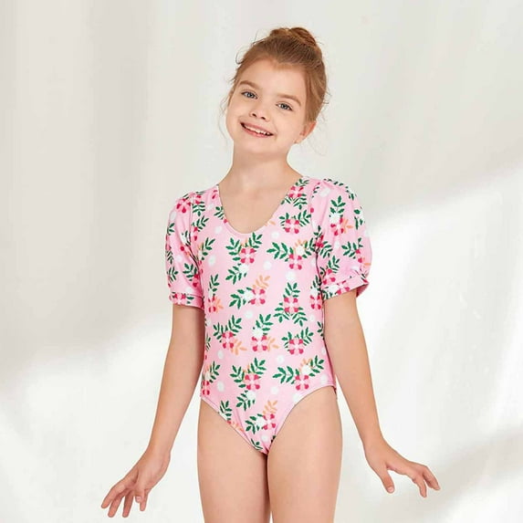 Odeerbi Kids Girls Floral One-piece Swimsuit Baby Surfing Swimsuit Children's Flower Print Short Sleeve Swimwear Bathing Suit Swimming Suit Pink 8 Years