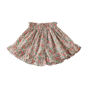 Odeerbi Kids Girls Floral Skorts Ruffle Wide Leg Culottes Shorts 1-10 Years Children's New Small Floral Culottes Wooden Ear Artistic Bract Finished Shorts Pink