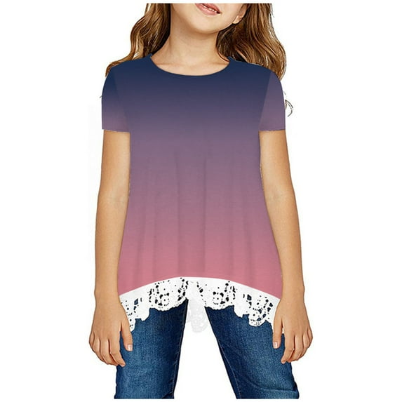 Odeerbi Kids Girls Gradient Shirt Kids Crewneck Layered Floral Print Shirt Short Sleeve Cute Blouse Lace Tee Top Purple 9-10 Years
