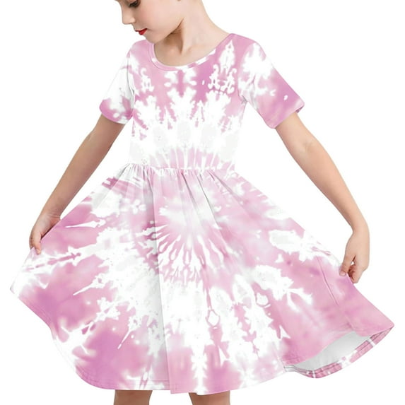 Odeerbi Kids Girls Gradient Tie-Dye Skater Dress Summer Cute Flared Swing Dress Kids Short Sleeve Stretchy A Line Dress Kids Girls Clothes