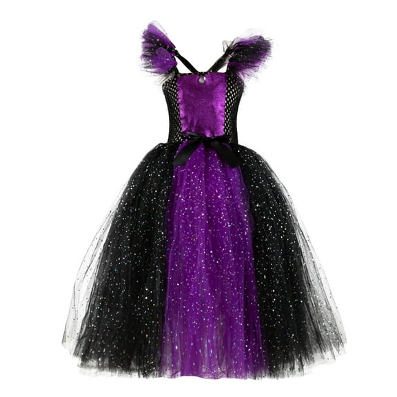 Odeerbi Kids Girls Halloween 2025 Fashion Cute Stitching Color Sequins Mesh Hollow Out Princess Dress