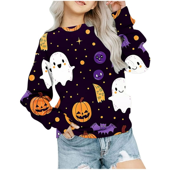 Odeerbi Kids Girls Halloween Crewneck Sweatshirts Fall Winter Pullover Sweatshirt 1-12 Years Halloween Printed Long Sleeve Sweatshirt Kids Clothes Black