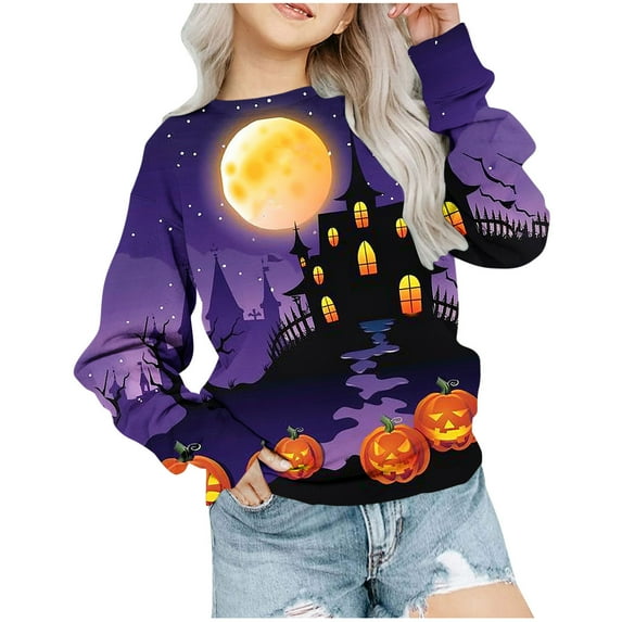 Odeerbi Kids Girls Halloween Crewneck Sweatshirts Fall Winter Pullover Sweatshirt 1-12 Years Halloween Printed Long Sleeve Sweatshirt Kids Clothes Purple