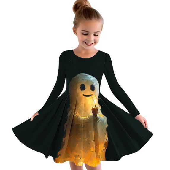 Odeerbi Kids Girls Halloween Dresses Role Play Stage Performance Dress Outfits Long Sleeve Stretchy Dress A Line Twirly Skater School Recital Dress Orange