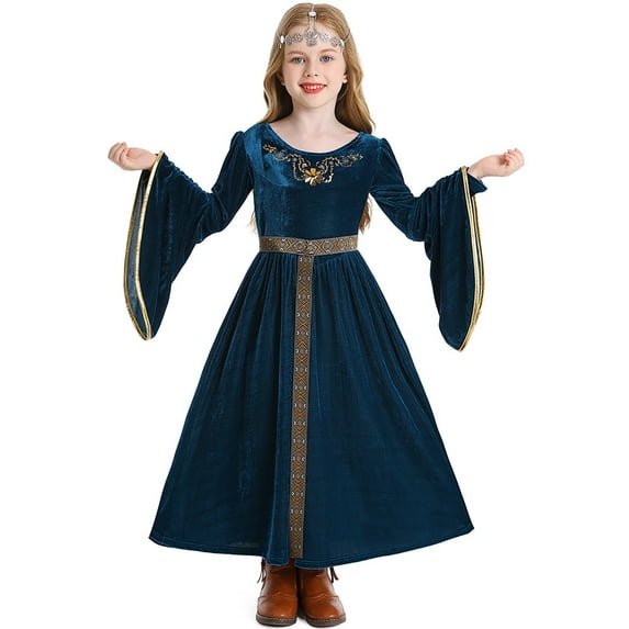Odeerbi Kids Girls Halloween Dresses Stage Performance Dress Outfits Bell Long Sleeve Medieval Court Trumpet Skirt Children's Dress Blue