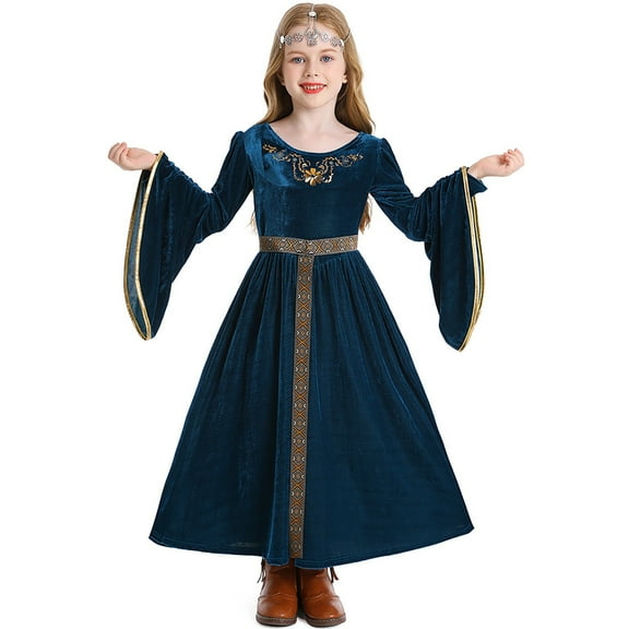 Odeerbi Kids Girls Halloween Dresses Stage Performance Dress Outfits Bell Long Sleeve Medieval Court Trumpet Skirt Children's Dress Blue