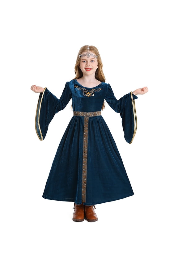 Kids Girls Halloween Dresses Stage Performance Dress Outfits Bell Long Sleeve Medieval Court Trumpet Skirt Children's Dress Blue
