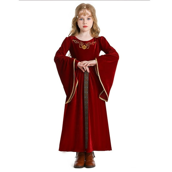Odeerbi Kids Girls Halloween Dresses Stage Performance Dress Outfits Bell Long Sleeve Medieval Court Trumpet Skirt Children's Dress Red