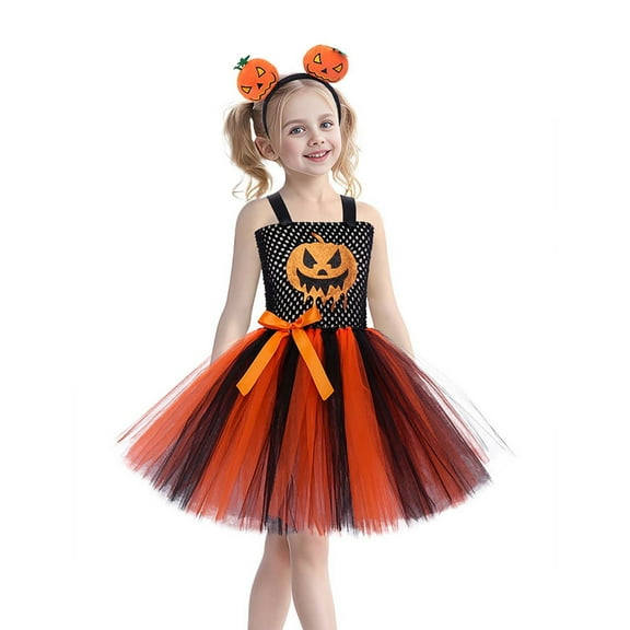 Odeerbi Kids Girls Halloween Dresses Stage Performance Dress Outfits Children's Carnival Party Pumpkin Princess Skirt Orange
