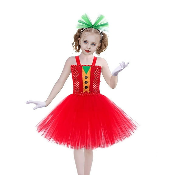 Odeerbi Kids Girls Halloween Dresses Stage Performance Dress Outfits Clown Back Clown Dress Party Big Red Mesh Skirt Red
