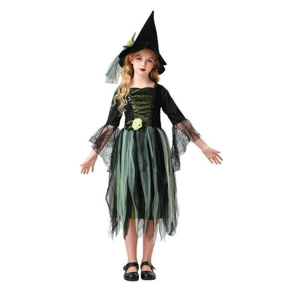 Odeerbi Kids Girls Halloween Dresses Stage Performance Dress Outfits Fashion Solid Color Outfit Long Sleeve Round Neck Dress Green