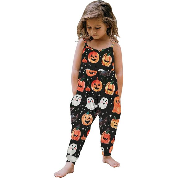 Odeerbi Kids Girls Halloween Sleeveless Jumpsuit Strap Romper Kids Comfortable Cute Halloween Print Suspenders Leisure Long Pants Kids Clothes Black