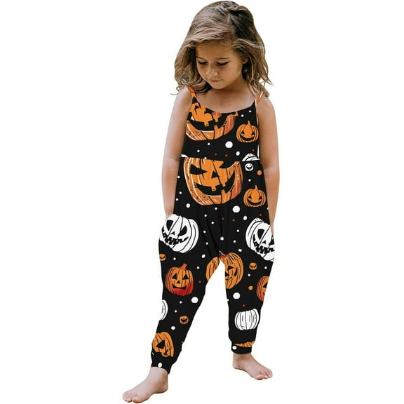 Odeerbi Kids Girls Halloween Sleeveless Jumpsuit Strap Romper Kids Comfortable Cute Halloween Print Suspenders Leisure Long Pants Kids Clothes Black