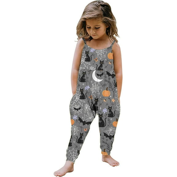 Odeerbi Kids Girls Halloween Sleeveless Jumpsuit Strap Romper Kids Comfortable Cute Halloween Print Suspenders Leisure Long Pants Kids Clothes Dark Gray