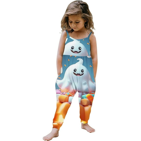 Odeerbi Kids Girls Halloween Sleeveless Jumpsuit Strap Romper Kids Comfortable Cute Halloween Print Suspenders Leisure Long Pants Kids Clothes Light Blue