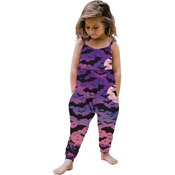 Odeerbi Kids Girls Halloween Sleeveless Jumpsuit Strap Romper Kids Comfortable Cute Halloween Print Suspenders Leisure Long Pants Kids Clothes Purple