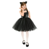 Odeerbi Kids Girls Halloween Tulle Skirt Set Dress Up Clothes Outfits Kids Cute Role Play Dress with Cat Ear and Tail Set Fashion Party Princess Dress Headband Tail Set Black