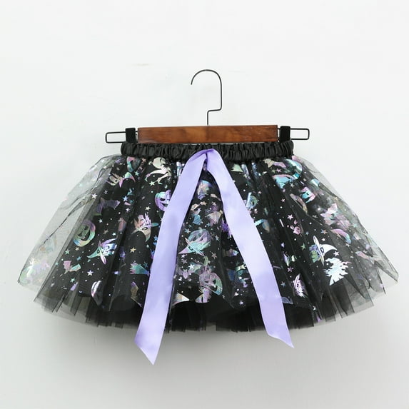 Odeerbi Kids Girls Halloween Tulle Tutu Skirt Halloween New Puff Skirt Printed Mesh Pumpkin Skirt Childrens Short Skirt Black