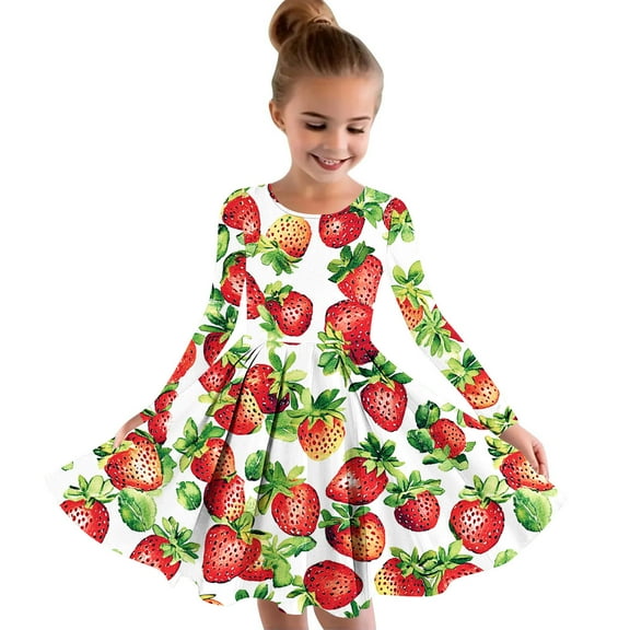 Odeerbi Kids Girls Heart Print Skater Dress Cute Princess Dresses 4-14 Years Children Round Neck Long Sleeve Dress Kids Girls Clothes