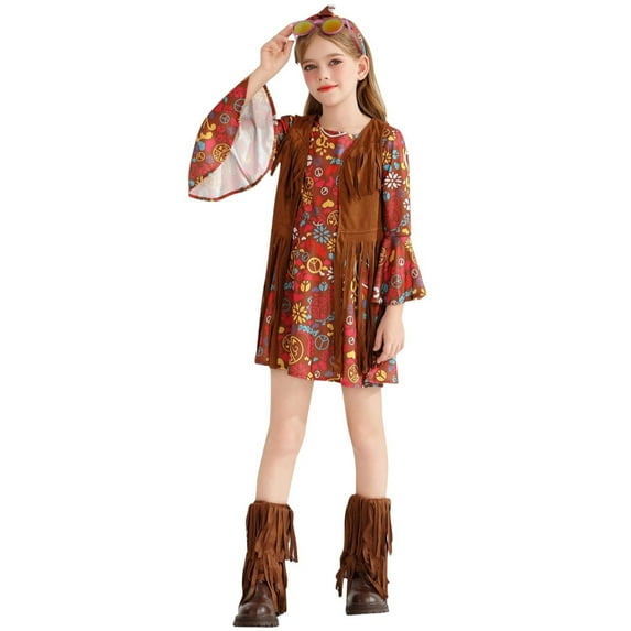 Odeerbi Kids Girls Hippie Stage Performance Outfits Floral Vintage Dress + Headband + Fringe Vest + Overshoe Set Children's Long Sleeve Retro Style Dress Kids Girls Clothes