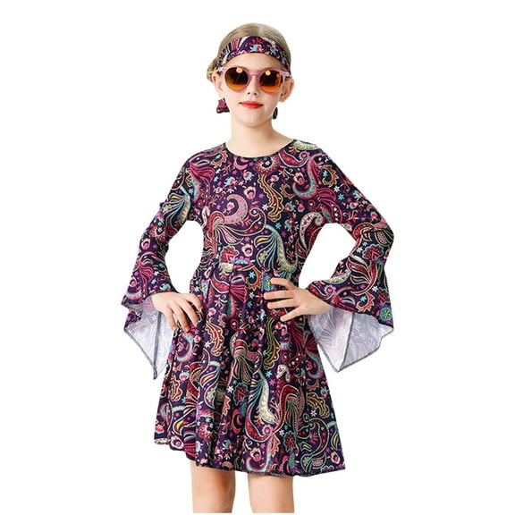 Odeerbi Kids Girls Hippie Stage Performance Outfits Vintage Dress with Headband Set Children's Long Sleeve Retro Style Dress Kids Girls Clothes