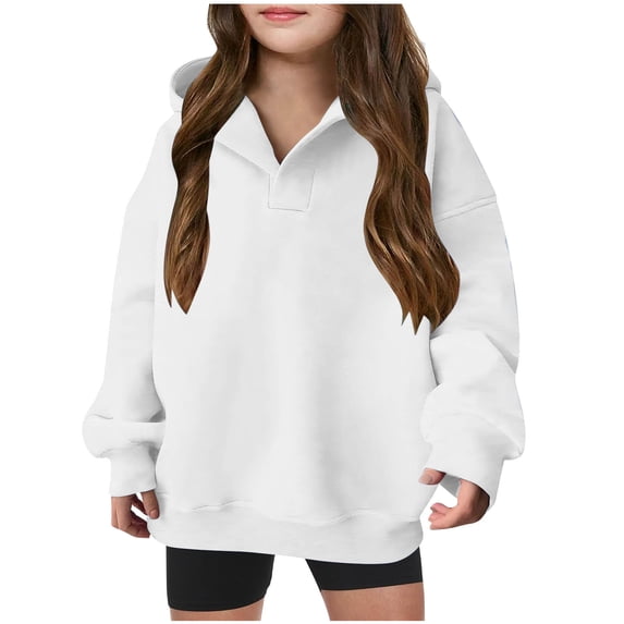 Odeerbi Kids Girls Hoodies Solid Color Pullover Hooded Sweatshirts Children's Pattern Printed Round Neck Long Sleeve Hooded Sweatshirt White