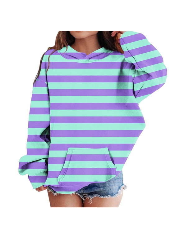 Kids Girls Hoodies Striped Pullover Hooded Sweatshirts Children's Pattern Printed Round Neck Long Sleeve Hooded Sweatshirt