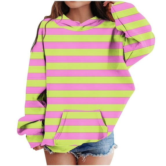 Odeerbi Kids Girls Hoodies Striped Pullover Hooded Sweatshirts Children's Pattern Printed Round Neck Long Sleeve Hooded Sweatshirt Yellow