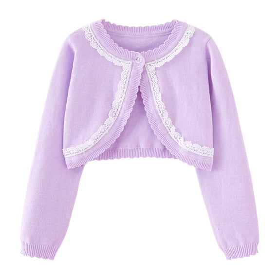 Odeerbi Kids Girls Knit Bolero Shrugs Cute Lace Cardigan Kids Baby Fashion Solid Color Long Sleeve Cover Up Tops Thin Style Button Closure Cropped Knitwear Purple