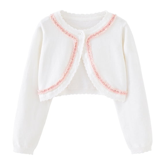 Odeerbi Kids Girls Knit Bolero Shrugs Cute Lace Cardigan Kids Baby Fashion Solid Color Long Sleeve Cover Up Tops Thin Style Button Closure Cropped Knitwear Pink