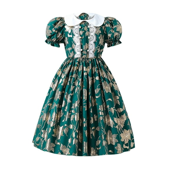 Odeerbi Kids Girls Lace Retro Vintage Dresses Floral Chiffon Princess Dress Birthday Party Evening Dress Puff Short Sleeve Peter Pan Collar Dress Kids Girls Clothes