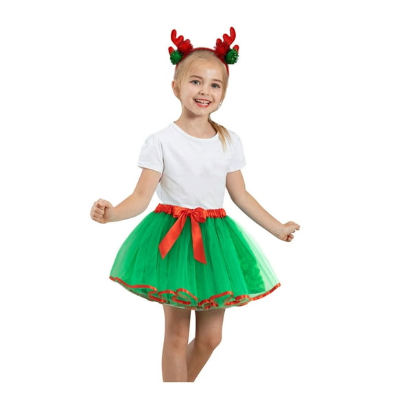 Odeerbi Kids Girls Layered Tutu Skirt Christmas Tulle Dance Skirts Toddler Baby Cute Christmas Net Yarn Princess Skirt Multi-color Skirt Bow Headband Suit Green 6-8 Years