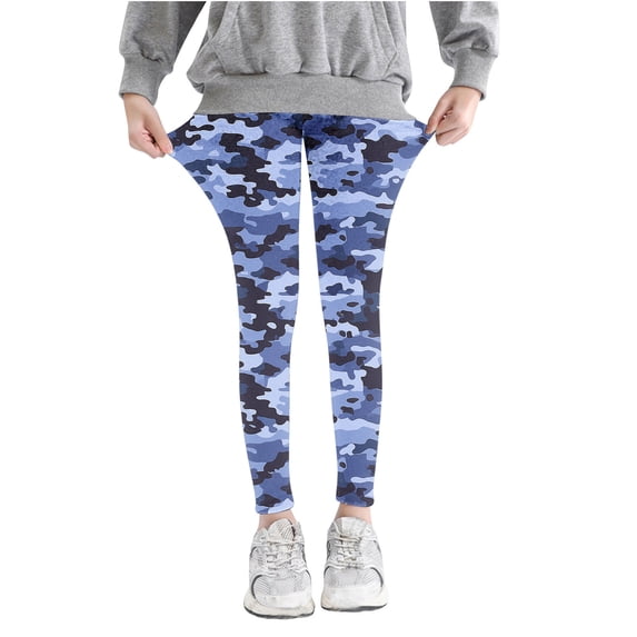 Odeerbi Kids Girls Leggings Camouflage Stretchy Tights Pants High Waist Camouflage Printed Pants Stretchy Soft Tights Kids Summer School Wearing Blue