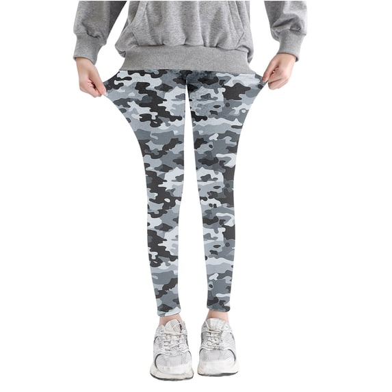 Odeerbi Kids Girls Leggings Camouflage Stretchy Tights Pants High Waist Camouflage Printed Pants Stretchy Soft Tights Kids Summer School Wearing Gray