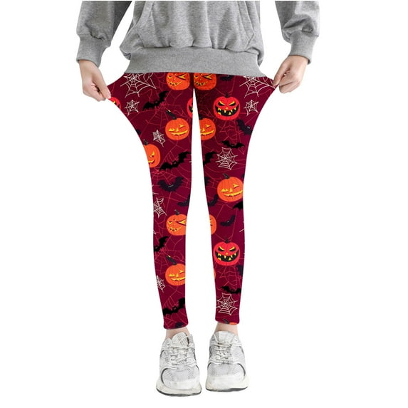 Odeerbi Kids Girls Leggings Halloween Ghost Print Stretchy Tights Pants 3-8 Years Kids Soft Comfortable Ankle Length Printed Leggings Burgundy