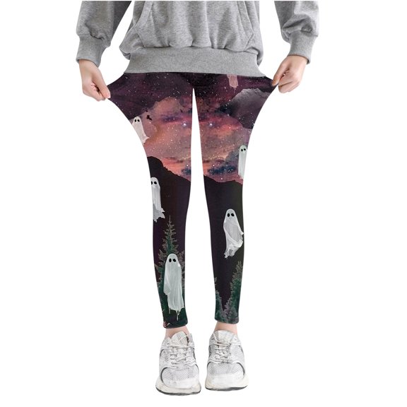Odeerbi Kids Girls Leggings Halloween Ghost Print Stretchy Tights Pants 3-8 Years Kids Soft Comfortable Ankle Length Printed Leggings Gray