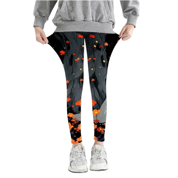 Odeerbi Kids Girls Leggings Halloween Ghost Print Stretchy Tights Pants 3-8 Years Kids Soft Comfortable Ankle Length Printed Leggings Gray