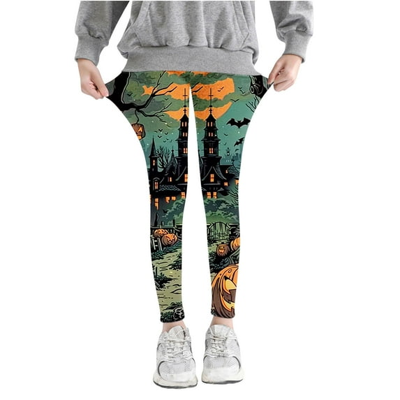 Odeerbi Kids Girls Leggings Halloween Ghost Print Stretchy Tights Pants 3-8 Years Kids Soft Comfortable Ankle Length Printed Leggings Green