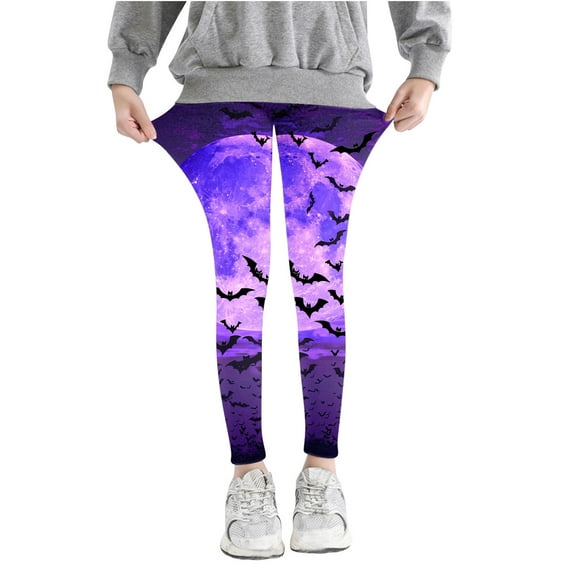 Odeerbi Kids Girls Leggings Halloween Ghost Print Stretchy Tights Pants 3-8 Years Kids Soft Comfortable Ankle Length Printed Leggings Purple