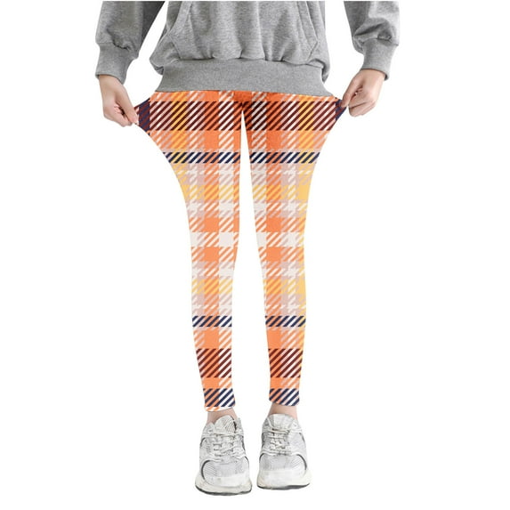 Odeerbi Kids Girls Leggings Plaid Stretchy Tights Pants Lattice Printed Pants High Waist Stretchy Soft Tights Kids Summer School Wearing Orange